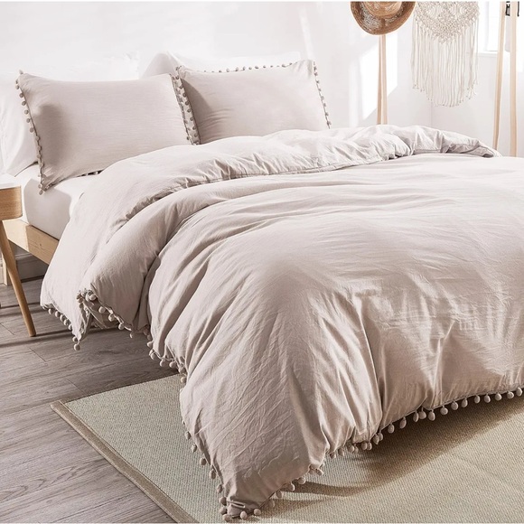 Pom Pom Fringe Duvet Cover Set - Cream / Taupe - Picture 1 of 4